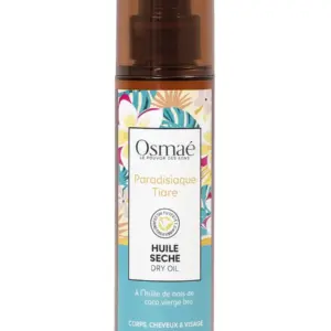 Flacon d'huile sèche paradisiaque Tiare avec couvercle marron sur fond blanc